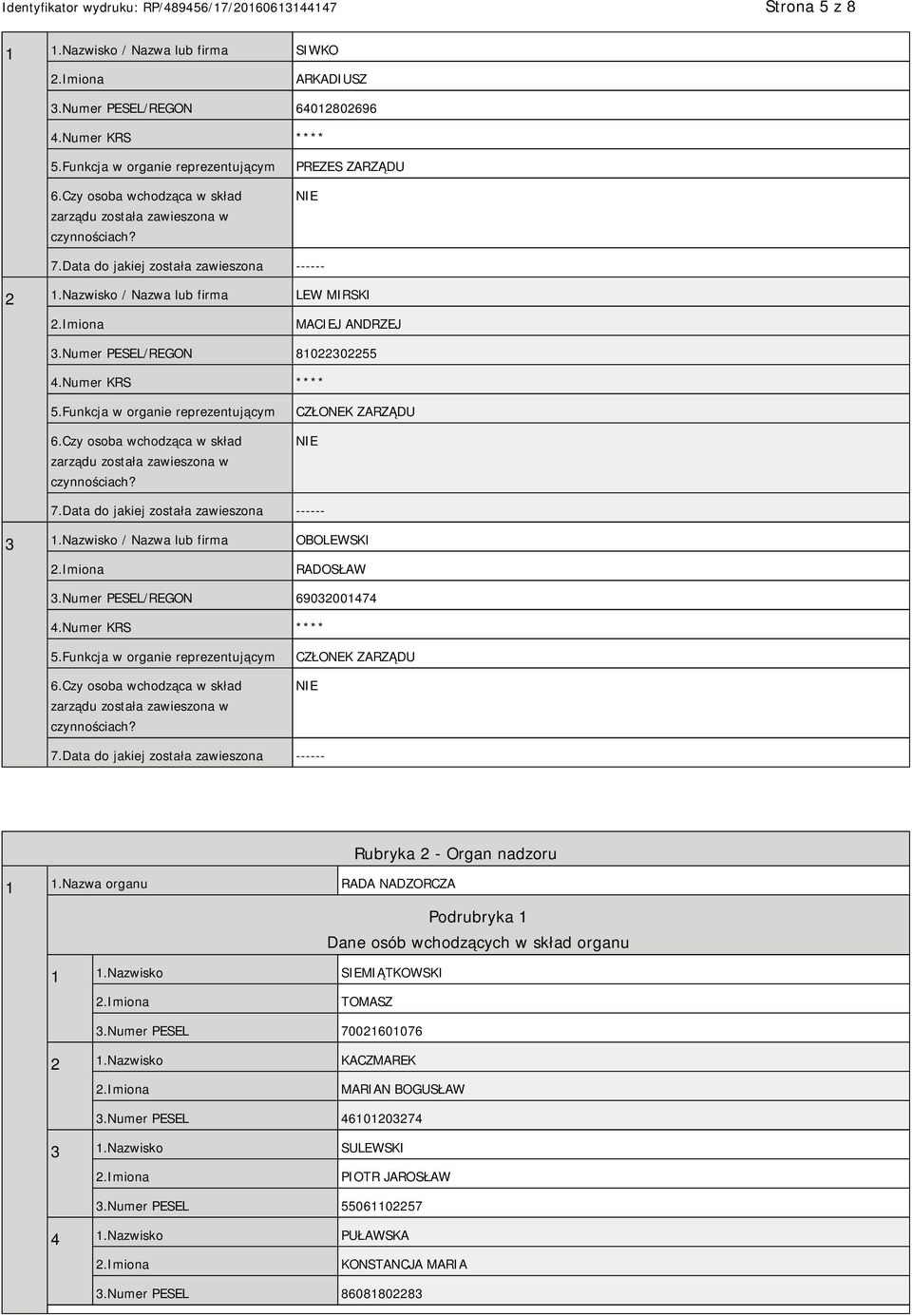 Numer PESEL/REGON 81022302255 4.Numer KRS **** 5.Funkcja w organie reprezentującym 6.Czy osoba wchodząca w skład zarządu została zawieszona w czynnościach? CZŁONEK ZARZĄDU 7.