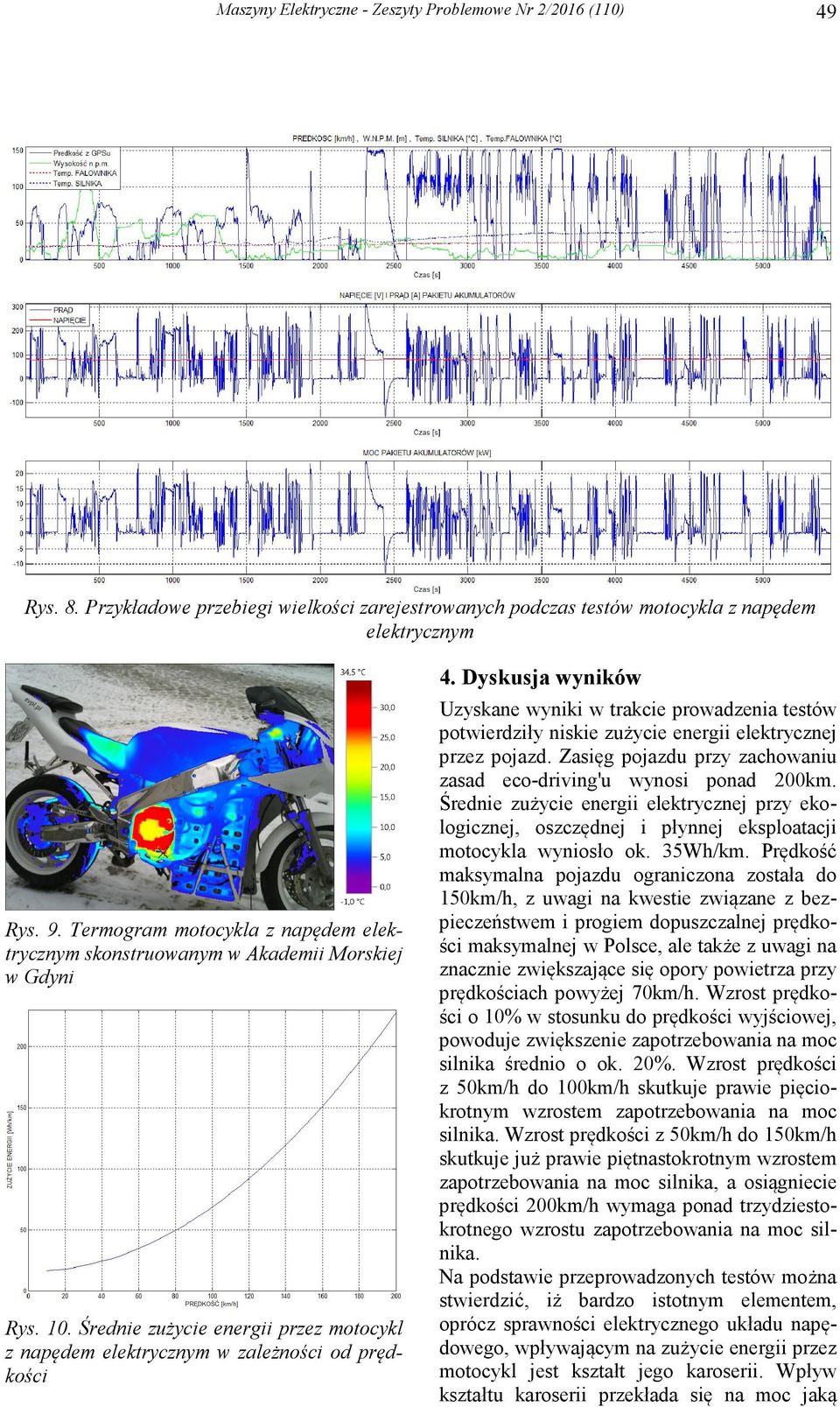 Średnie zużycie energii przez motocykl z napędem elektrycznym w zależności od prędkości Uzyskane wyniki w trakcie prowadzenia testów potwierdziły niskie zużycie energii elektrycznej przez pojazd.