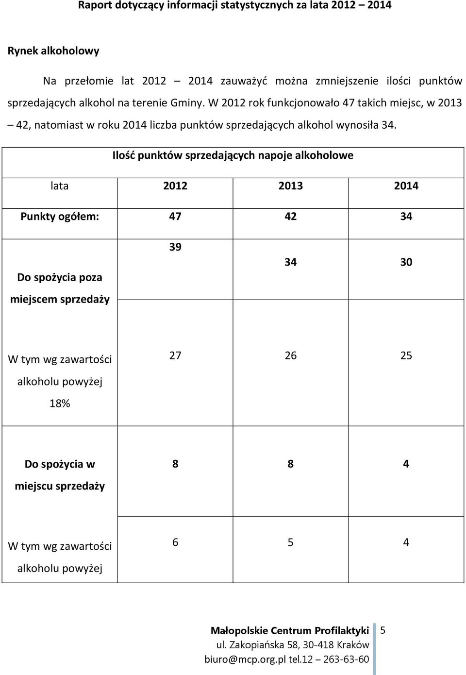 W 2012 rok funkcjonowało 47 takich miejsc, w 2013 42, natomiast w roku 2014 liczba punktów sprzedających alkohol wynosiła 34.