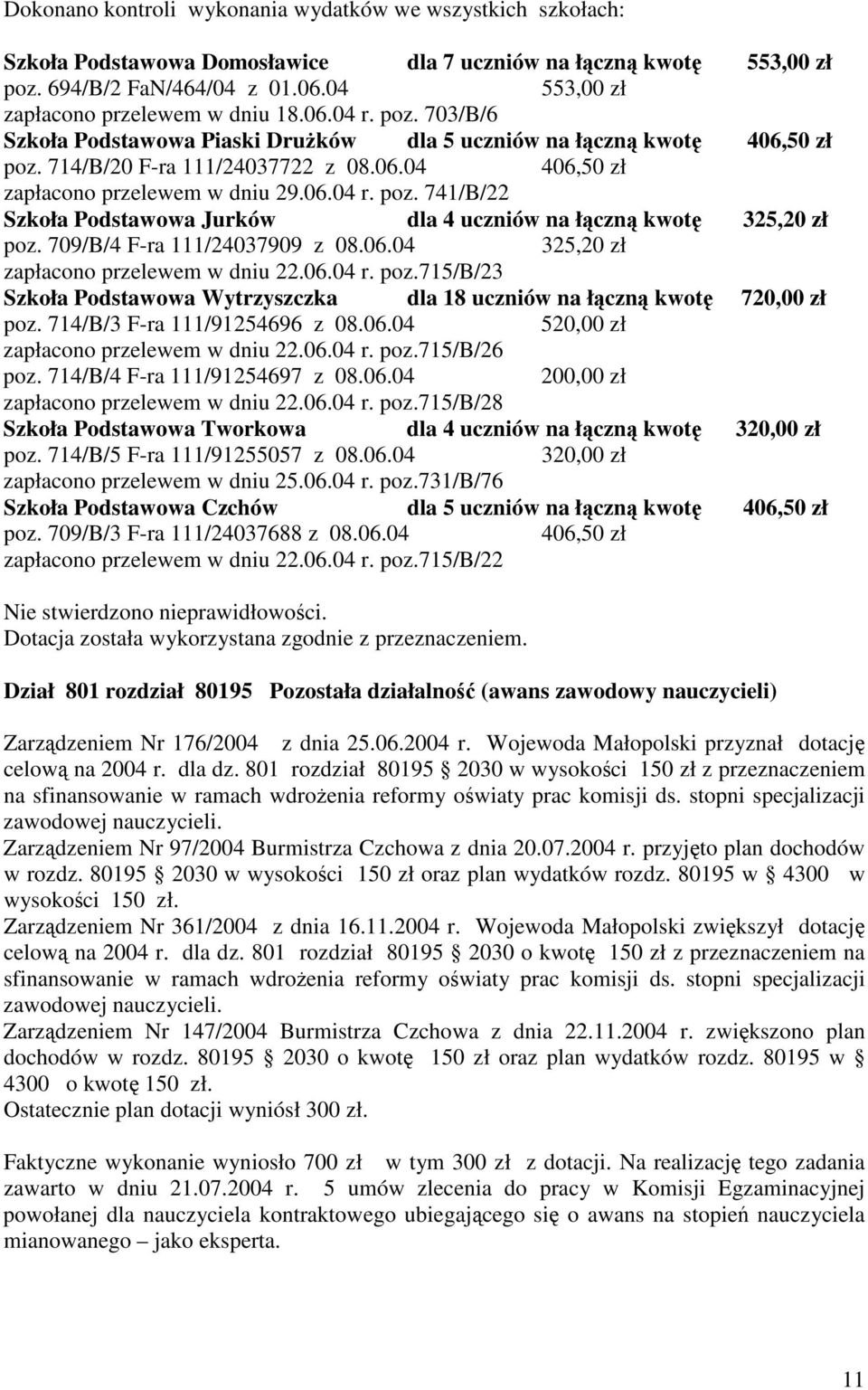 06.04 r. poz. 741/B/22 Szkoła Podstawowa Jurków dla 4 uczniów na łczn kwot 325,20 zł poz. 709/B/4 F-ra 111/24037909 z 08.06.04 325,20 zł zapłacono przelewem w dniu 22.06.04 r. poz.715/b/23 Szkoła Podstawowa Wytrzyszczka dla 18 uczniów na łczn kwot 720,00 zł poz.