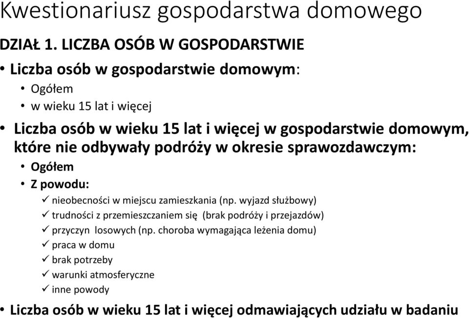 gospodarstwie domowym, które nie odbywały podróży w okresie sprawozdawczym: Ogółem Z powodu: nieobecności w miejscu zamieszkania (np.