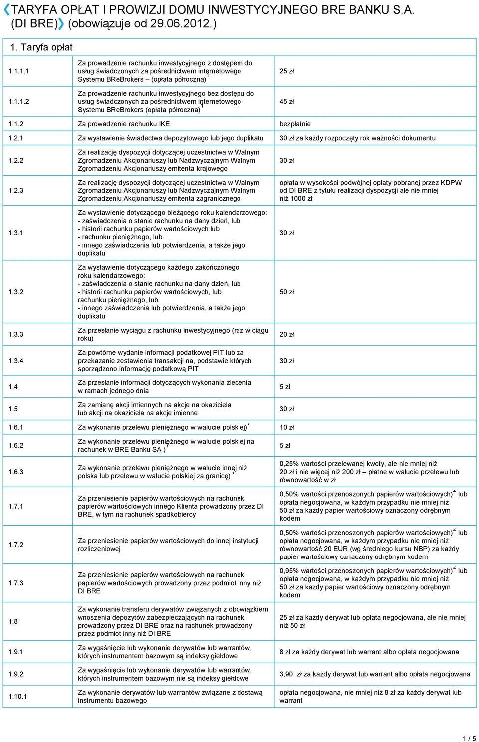 rachunku inwestycyjnego bez dostępu do usług świadczonych za pośrednictwem internetowego Systemu BReBrokers (opłata półroczna) 1 25