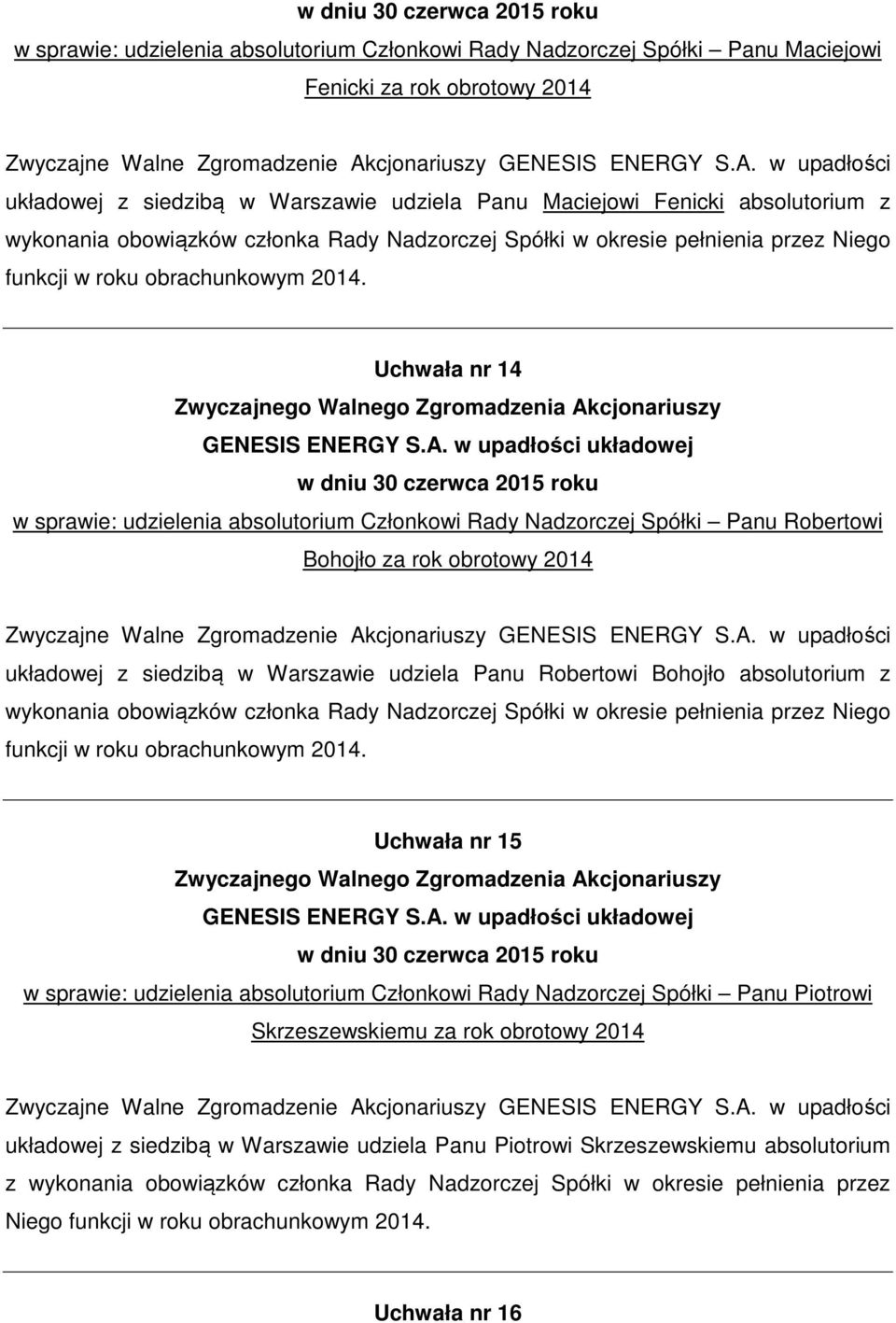 Uchwała nr 14 w sprawie: udzielenia absolutorium Członkowi Rady Nadzorczej Spółki Panu Robertowi Bohojło za rok obrotowy 2014 układowej z siedzibą w Warszawie udziela Panu Robertowi Bohojło