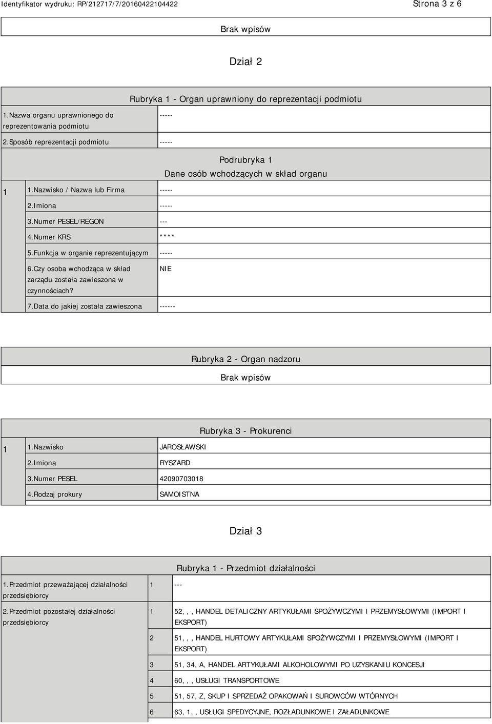 Funkcja w organie reprezentującym ----- 6.Czy osoba wchodząca w skład zarządu została zawieszona w czynnościach? NIE 7.Data do jakiej została zawieszona ------ Rubryka 2 - Organ nadzoru 1 1.