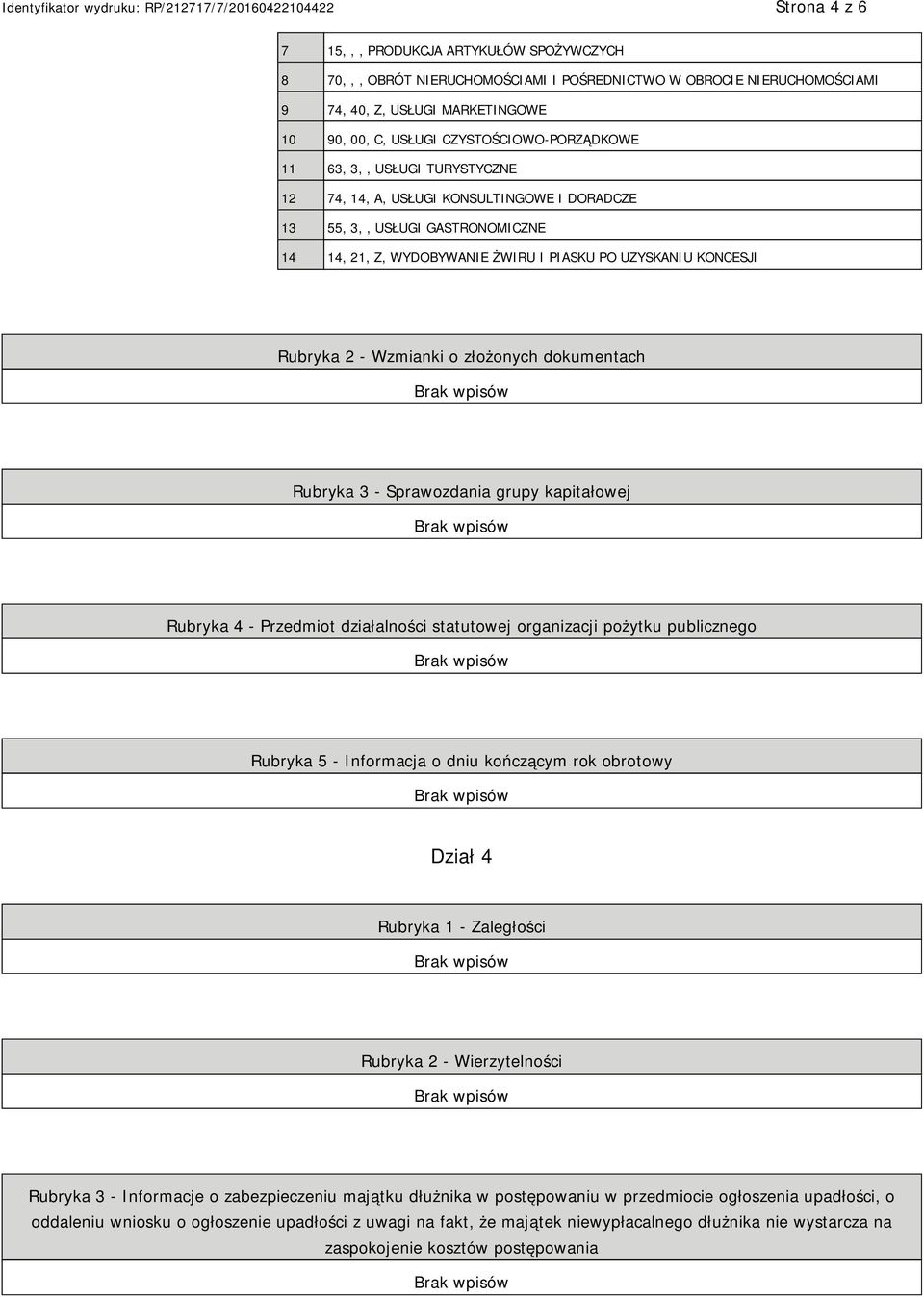 Rubryka 2 - Wzmianki o złożonych dokumentach Rubryka 3 - Sprawozdania grupy kapitałowej Rubryka 4 - Przedmiot działalności statutowej organizacji pożytku publicznego Rubryka 5 - Informacja o dniu