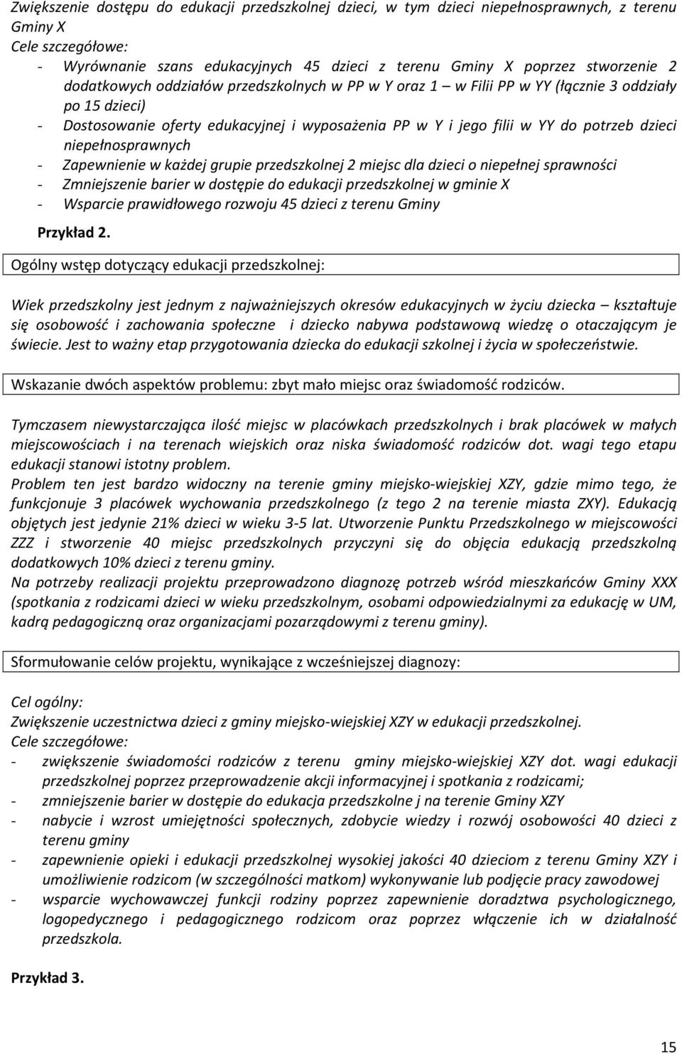 niepełnosprawnych - Zapewnienie w każdej grupie przedszkolnej 2 miejsc dla dzieci o niepełnej sprawności - Zmniejszenie barier w dostępie do edukacji przedszkolnej w gminie X - Wsparcie prawidłowego
