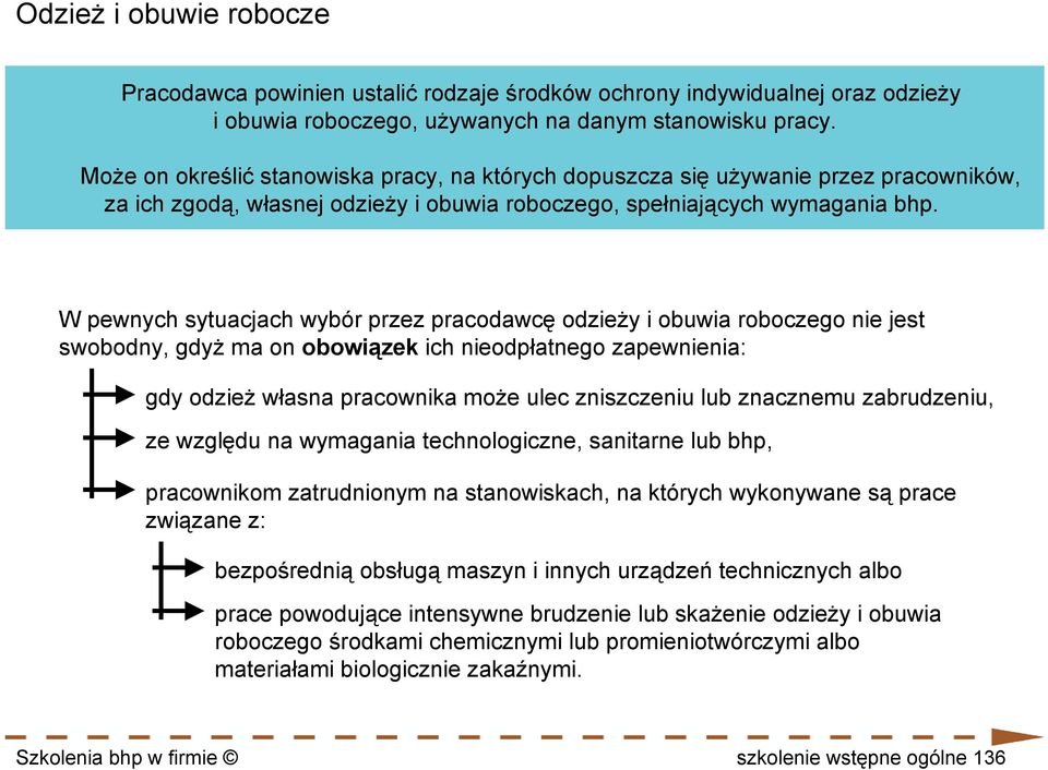 W pewnych sytuacjach wybór przez pracodawcę odzieży i obuwia roboczego nie jest swobodny, gdyż ma on obowiązek ich nieodpłatnego zapewnienia: gdy odzież własna pracownika może ulec zniszczeniu lub