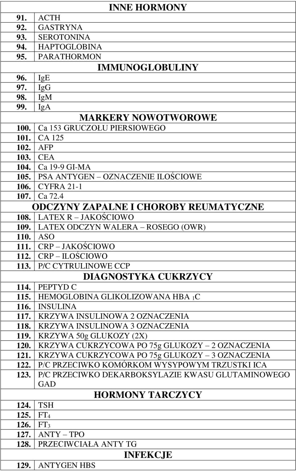 LATEX ODCZYN WALERA ROSEGO (OWR) 110. ASO 111. CRP JAKOŚCIOWO 112. CRP ILOŚCIOWO 113. P/C CYTRULINOWE CCP DIAGNOSTYKA CUKRZYCY 114. PEPTYD C 115. HEMOGLOBINA GLIKOLIZOWANA HBA 1C 116. INSULINA 117.