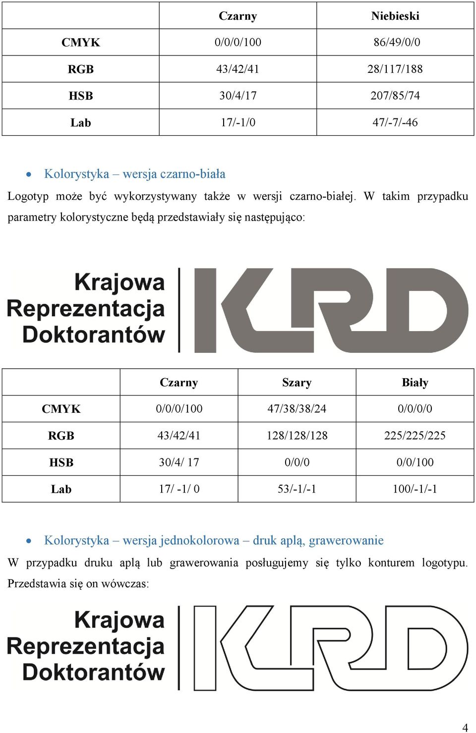 W takim przypadku parametry kolorystyczne będą przedstawiały się następująco: Czarny Szary Biały CMYK 0/0/0/100 47/38/38/24 0/0/0/0 RGB 43/42/41