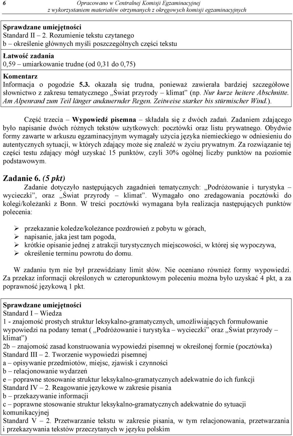 do 0,75) Informacja o pogodzie 5.3. okazała się trudna, ponieważ zawierała bardziej szczegółowe słownictwo z zakresu tematycznego Świat przyrody klimat (np. Nur kurze heitere Abschnitte.