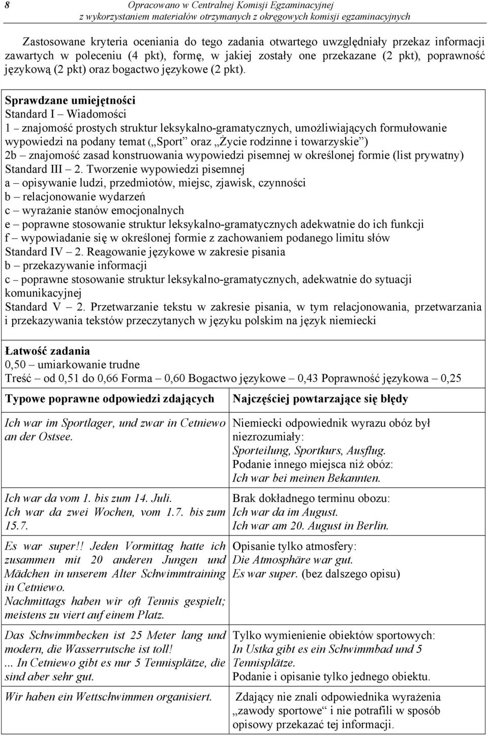 Standard I Wiadomości 1 znajomość prostych struktur leksykalno-gramatycznych, umożliwiających formułowanie wypowiedzi na podany temat ( Sport oraz Życie rodzinne i towarzyskie ) 2b znajomość zasad