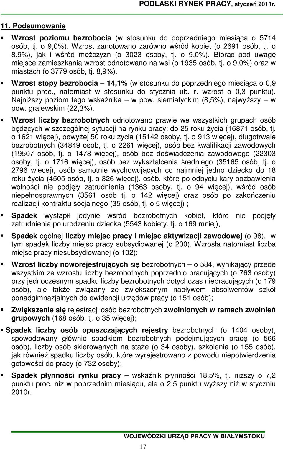 , natomiast w stosunku do stycznia ub. r. wzrost o 0,3 punktu). NajniŜszy poziom tego wskaźnika w pow. siemiatyckim (8,5%), najwyŝszy w pow. grajewskim (22,3%).