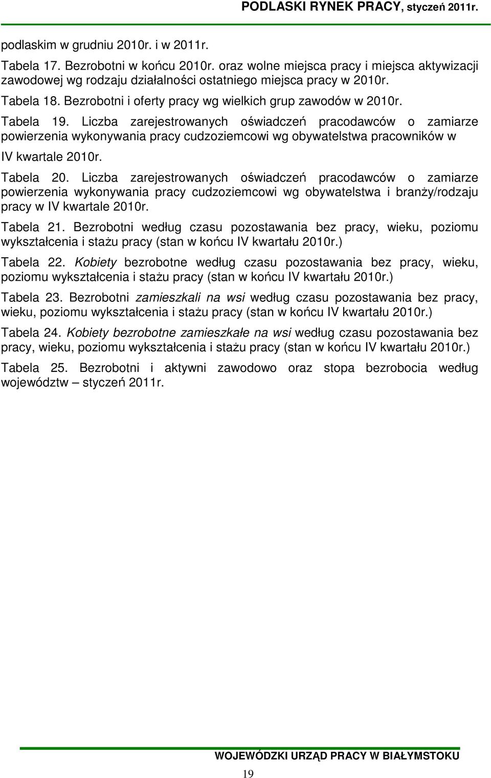 Liczba zarejestrowanych oświadczeń pracodawców o zamiarze powierzenia wykonywania pracy cudzoziemcowi wg obywatelstwa pracowników w IV kwartale 2010r. Tabela 20.