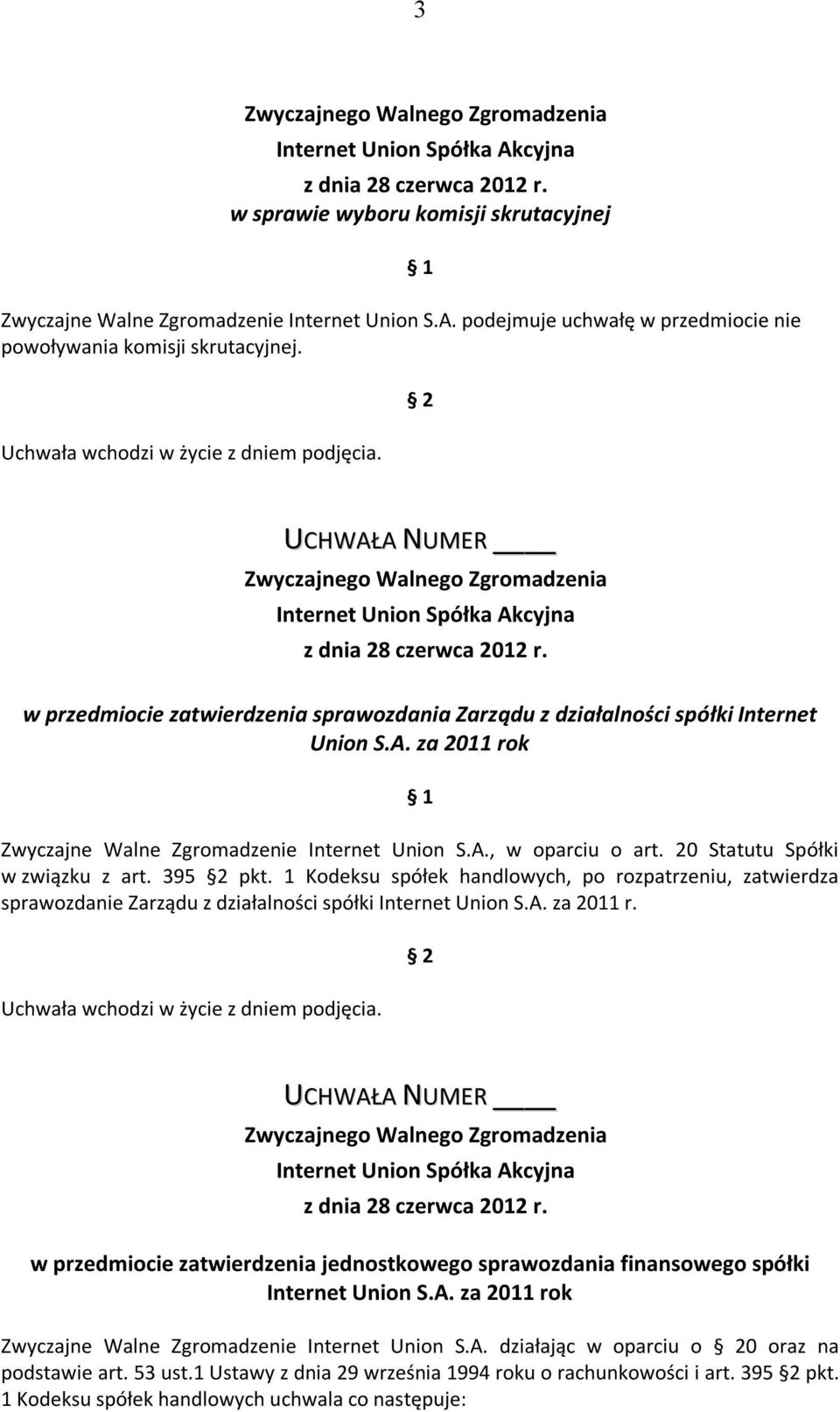 20 Statutu Spółki w związku z art. 395 2 pkt. 1 Kodeksu spółek handlowych, po rozpatrzeniu, zatwierdza sprawozdanie Zarządu z działalności spółki Internet Union S.A. za 2011 r.