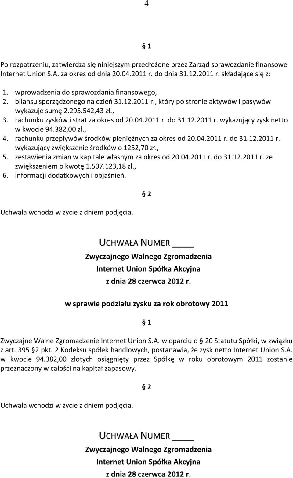 04.2011 r. do 31.12.2011 r. wykazujący zysk netto w kwocie 94.382,00 zł., 4. rachunku przepływów środków pieniężnych za okres od 20.04.2011 r. do 31.12.2011 r. wykazujący zwiększenie środków o 1252,70 zł.