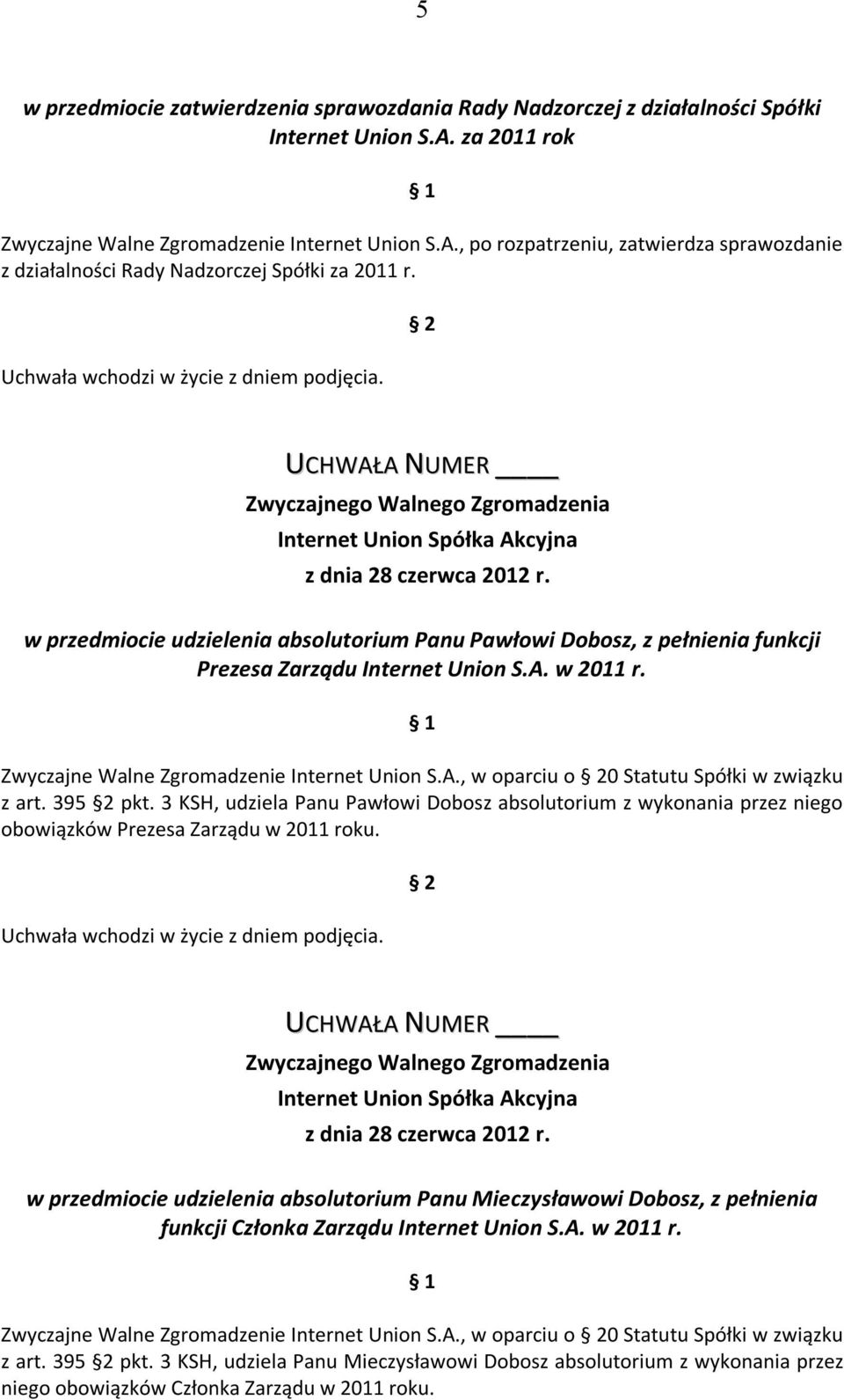 395 2 pkt. 3 KSH, udziela Panu Pawłowi Dobosz absolutorium z wykonania przez niego obowiązków Prezesa Zarządu w 2011 roku.