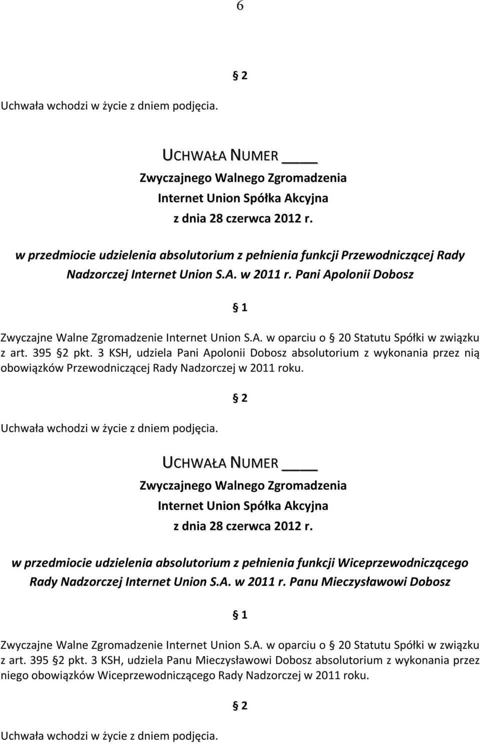 w przedmiocie udzielenia absolutorium z pełnienia funkcji Wiceprzewodniczącego Rady Nadzorczej Internet Union S.A. w 2011 r.