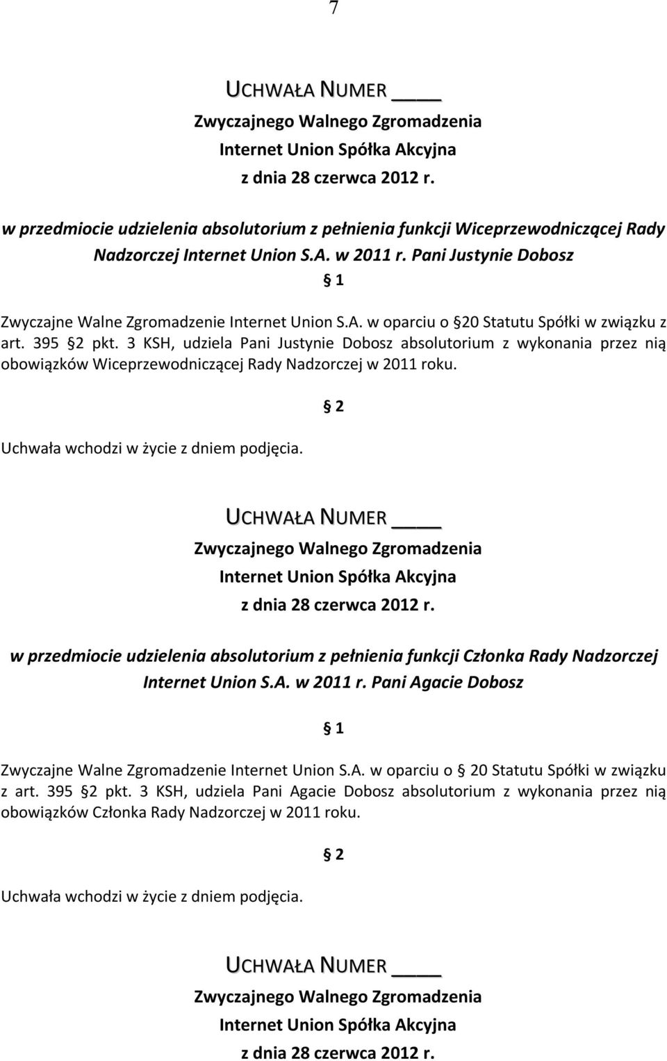 3 KSH, udziela Pani Justynie Dobosz absolutorium z wykonania przez nią obowiązków Wiceprzewodniczącej Rady Nadzorczej w 2011 roku.