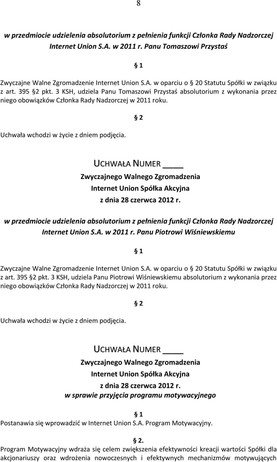 w przedmiocie udzielenia absolutorium z pełnienia funkcji Członka Rady Nadzorczej Internet Union S.A. w 2011 r. Panu Piotrowi Wiśniewskiemu Zwyczajne Walne Zgromadzenie Internet Union S.A. w oparciu o 0 Statutu Spółki w związku z art.