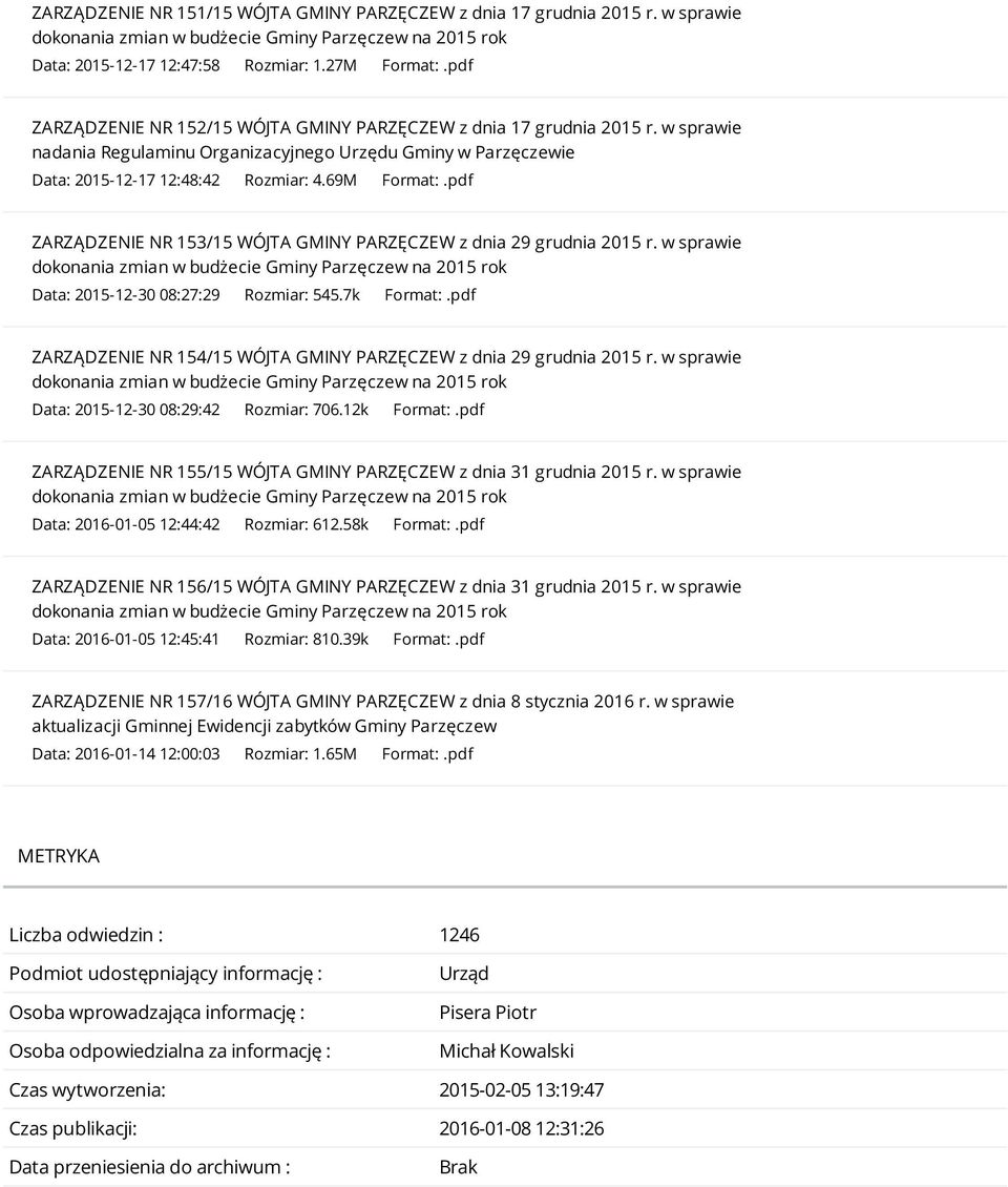 pdf ZARZĄDZENIE NR 153/15 WÓJTA GMINY PARZĘCZEW z dnia 29 grudnia 2015 r. w sprawie Data: 2015-12-30 08:27:29 Rozmiar: 545.7k Format:.