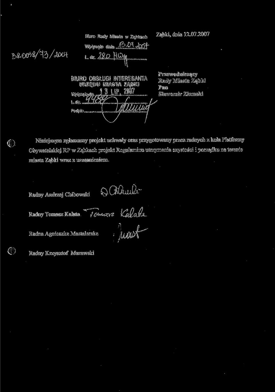 przez radnych z koła Platformy Obywatelskiej RP w Ząbkach projekt Regulaminu utrzymania czystości i porządku na terenie