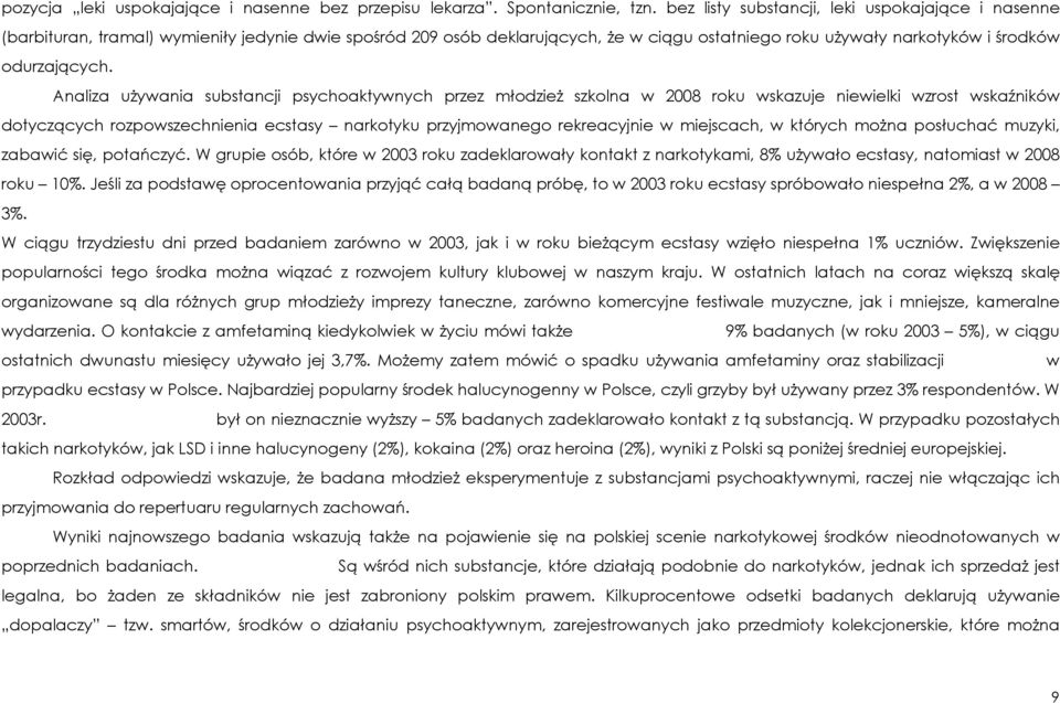 Analiza uŝywania substancji psychoaktywnych przez młodzieŝ szkolna w 2008 roku wskazuje niewielki wzrost wskaźników dotyczących rozpowszechnienia ecstasy narkotyku przyjmowanego rekreacyjnie w