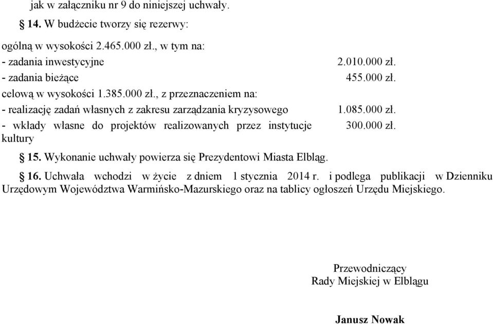 000 zł. kultury 15. Wykonanie uchwały powierza się Prezydentowi Miasta Elbląg. 16. Uchwała wchodzi w życie z dniem 1 stycznia 2014 r.