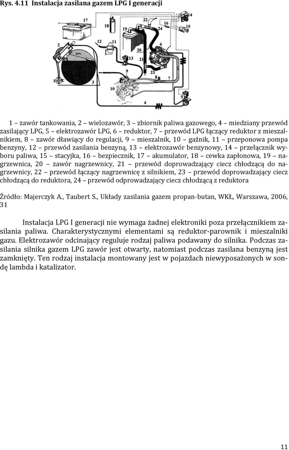 reduktor z mieszalnikiem, 8 zawór dławiący do regulacji, 9 mieszalnik, 10 gaźnik, 11 przeponowa pompa benzyny, 12 przewód zasilania benzyną, 13 elektrozawór benzynowy, 14 przełącznik wyboru paliwa,