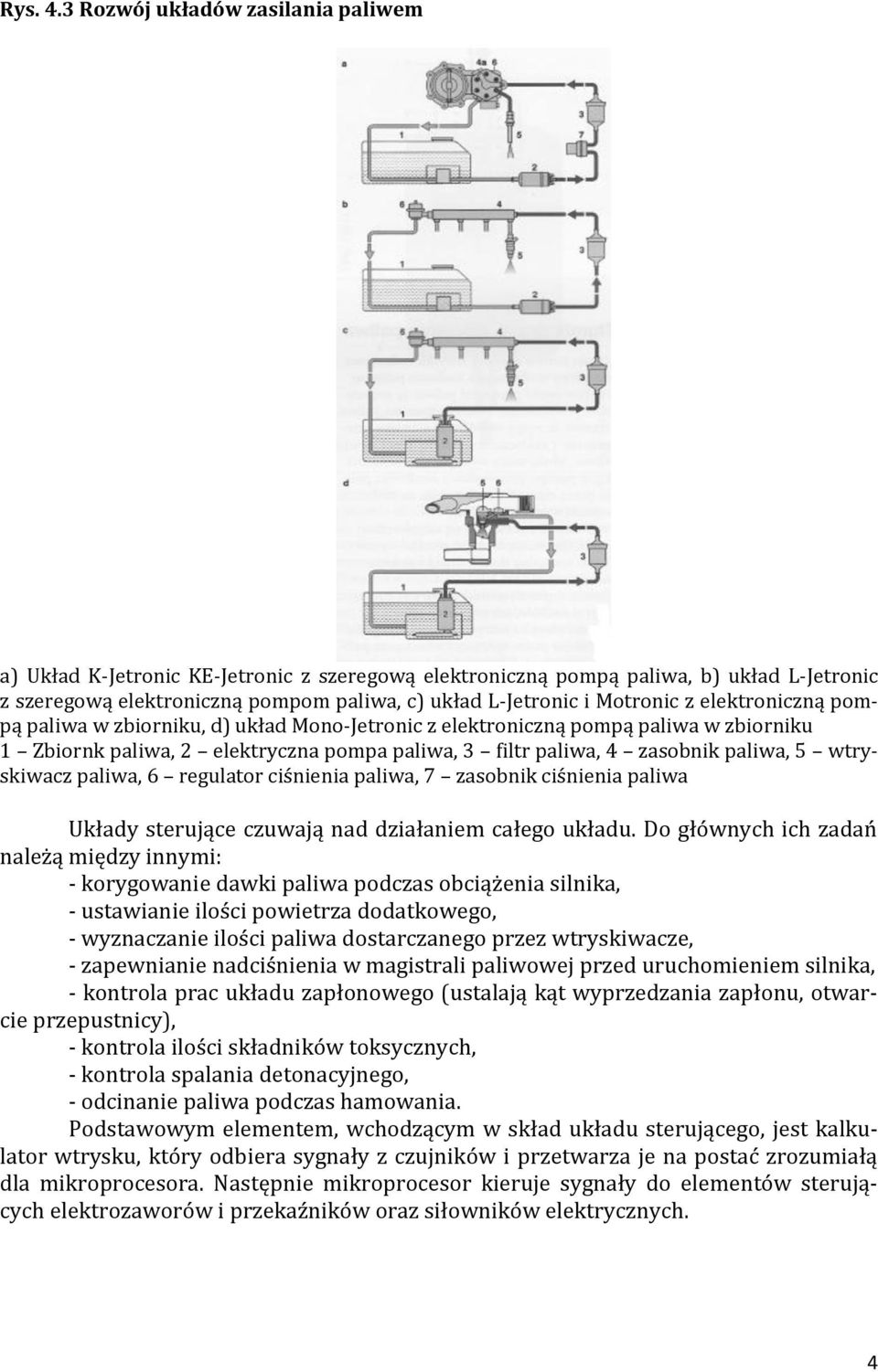 z elektroniczną pompą paliwa w zbiorniku, d) układ Mono-Jetronic z elektroniczną pompą paliwa w zbiorniku 1 Zbiornk paliwa, 2 elektryczna pompa paliwa, 3 filtr paliwa, 4 zasobnik paliwa, 5