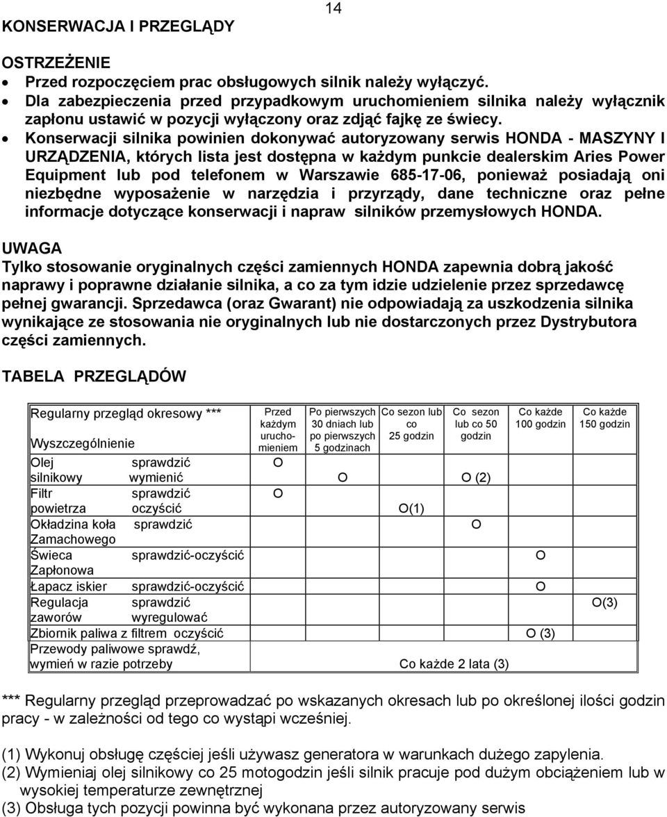Konserwacji silnika powinien dokonywać autoryzowany serwis HONDA - MASZYNY I URZĄDZENIA, których lista jest dostępna w każdym punkcie dealerskim Aries Power Equipment lub pod telefonem w Warszawie