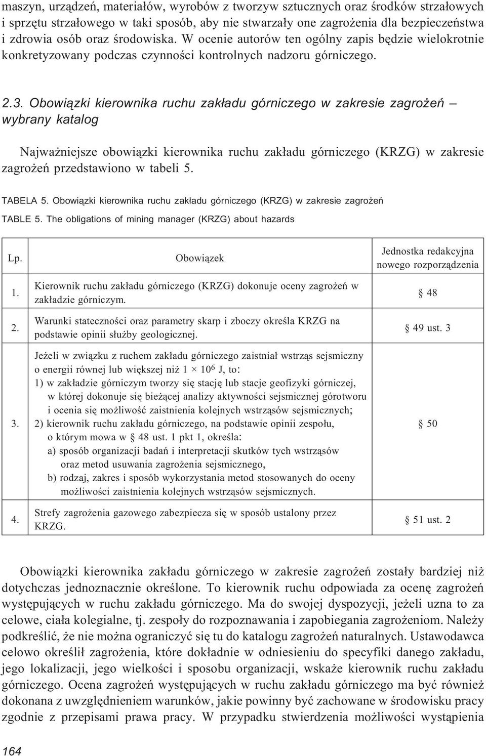 Obowi¹zki kierownika ruchu zak³adu górniczego w zakresie zagro eñ wybrany katalog Najwa niejsze obowi¹zki kierownika ruchu zak³adu górniczego (KRZG) w zakresie zagro eñ przedstawiono w tabeli 5.