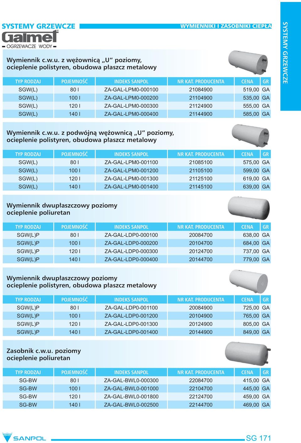 ZA-GAL-LPM0-000300 21124900 555,00 GA SGW(L) 140 l ZA-GAL-LPM0-000400 21144900 585,00 GA SYSTEMY GRZEWCZE  z podwójną wężownicą U poziomy, ocieplenie polistyren, obudowa płaszcz metalowy SGW(L) 80 l