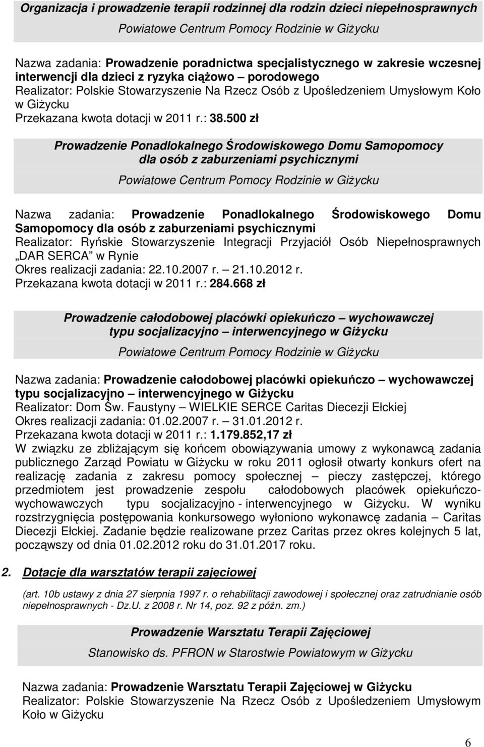 500 zł Prowadzenie Ponadlokalnego Środowiskowego Domu Samopomocy dla osób z zaburzeniami psychicznymi Powiatowe Centrum Pomocy Rodzinie w GiŜycku Nazwa zadania: Prowadzenie Ponadlokalnego
