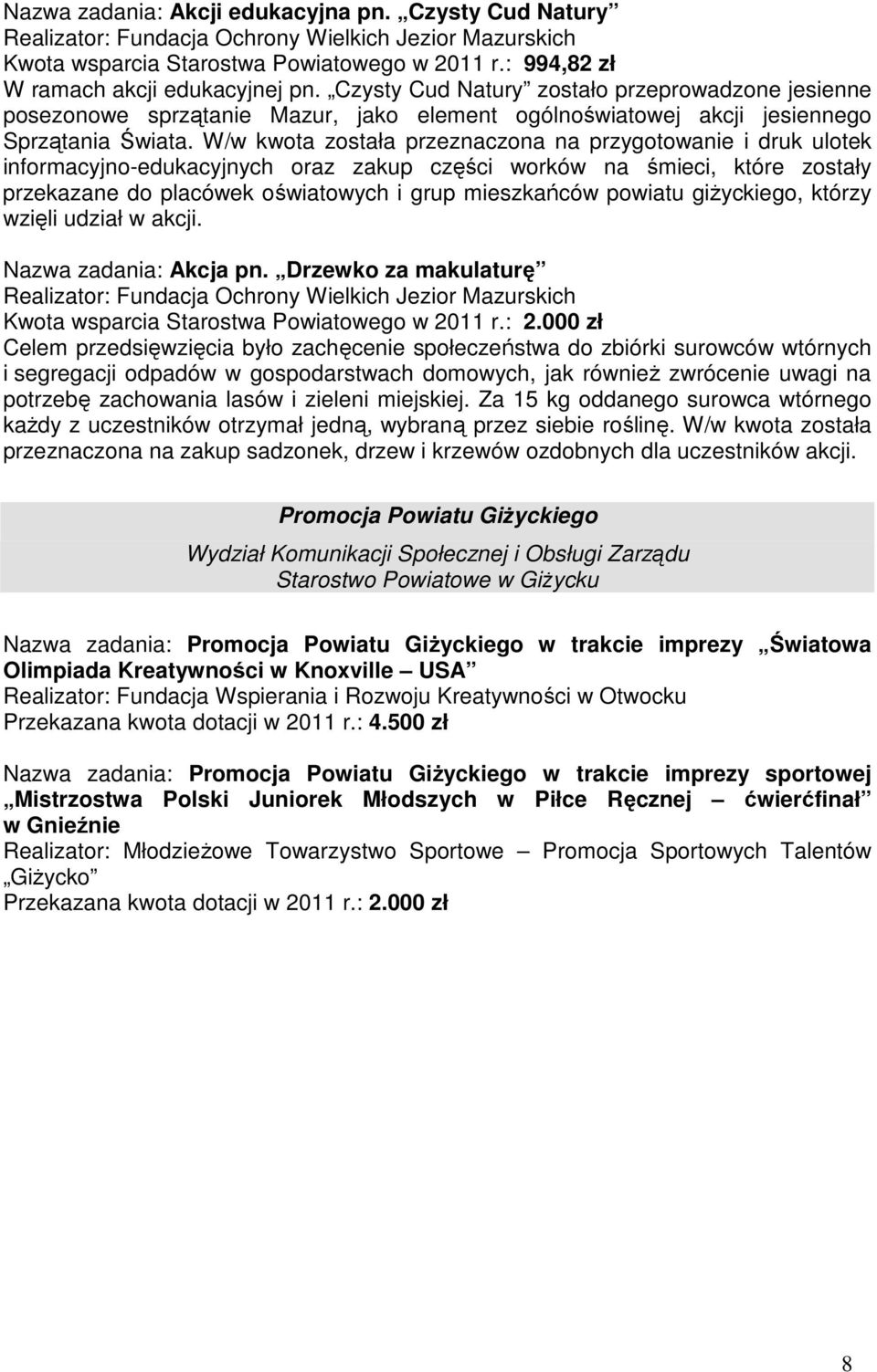 W/w kwota została przeznaczona na przygotowanie i druk ulotek informacyjnoedukacyjnych oraz zakup części worków na śmieci, które zostały przekazane do placówek oświatowych i grup mieszkańców powiatu