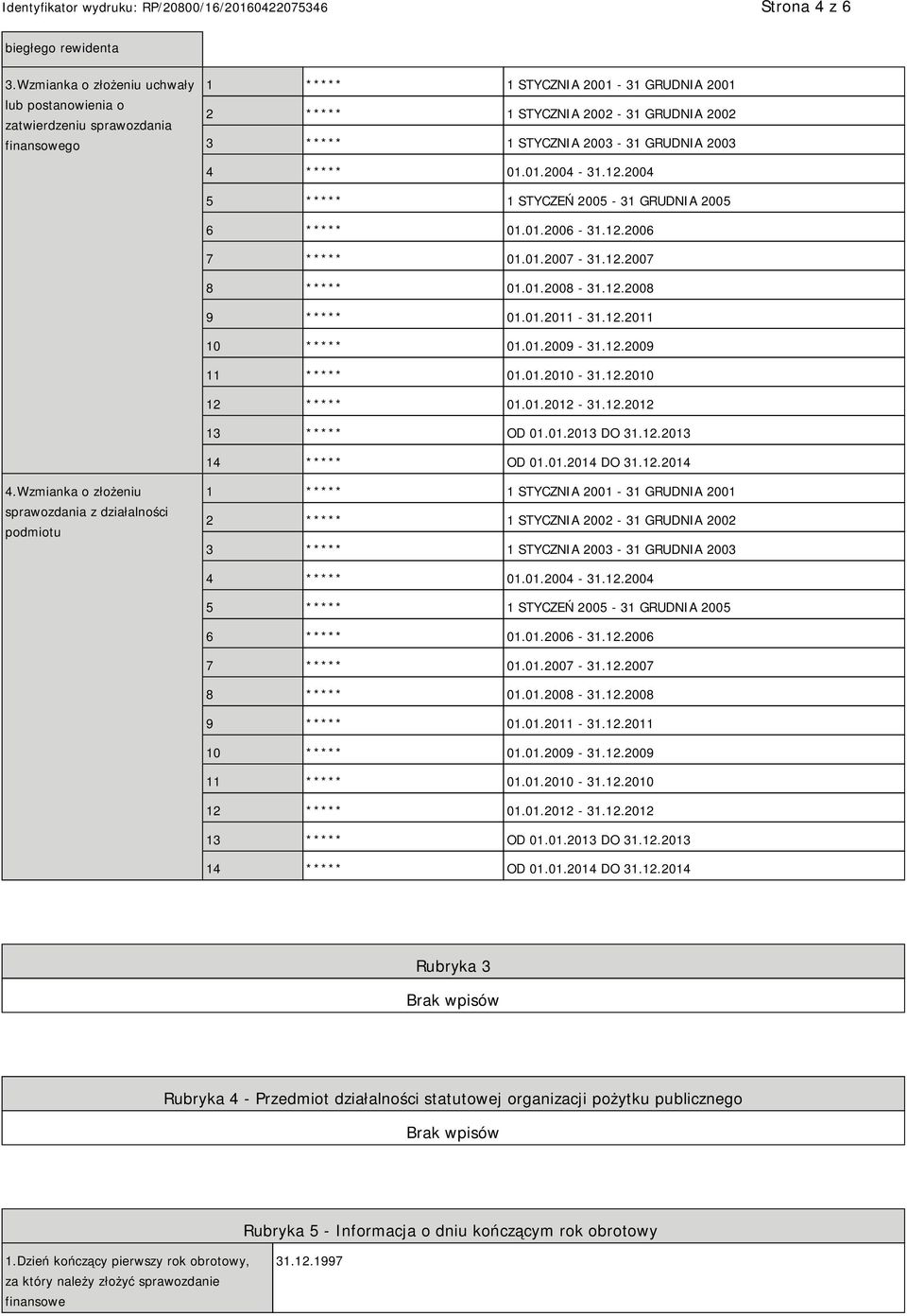 GRUDNIA 2003 4 ***** 01.01.2004-31.12.2004 5 ***** 1 STYCZEŃ 2005-31 GRUDNIA 2005 6 ***** 01.01.2006-31.12.2006 7 ***** 01.01.2007-31.12.2007 8 ***** 01.01.2008-31.12.2008 9 ***** 01.01.2011-31.12.2011 10 ***** 01.