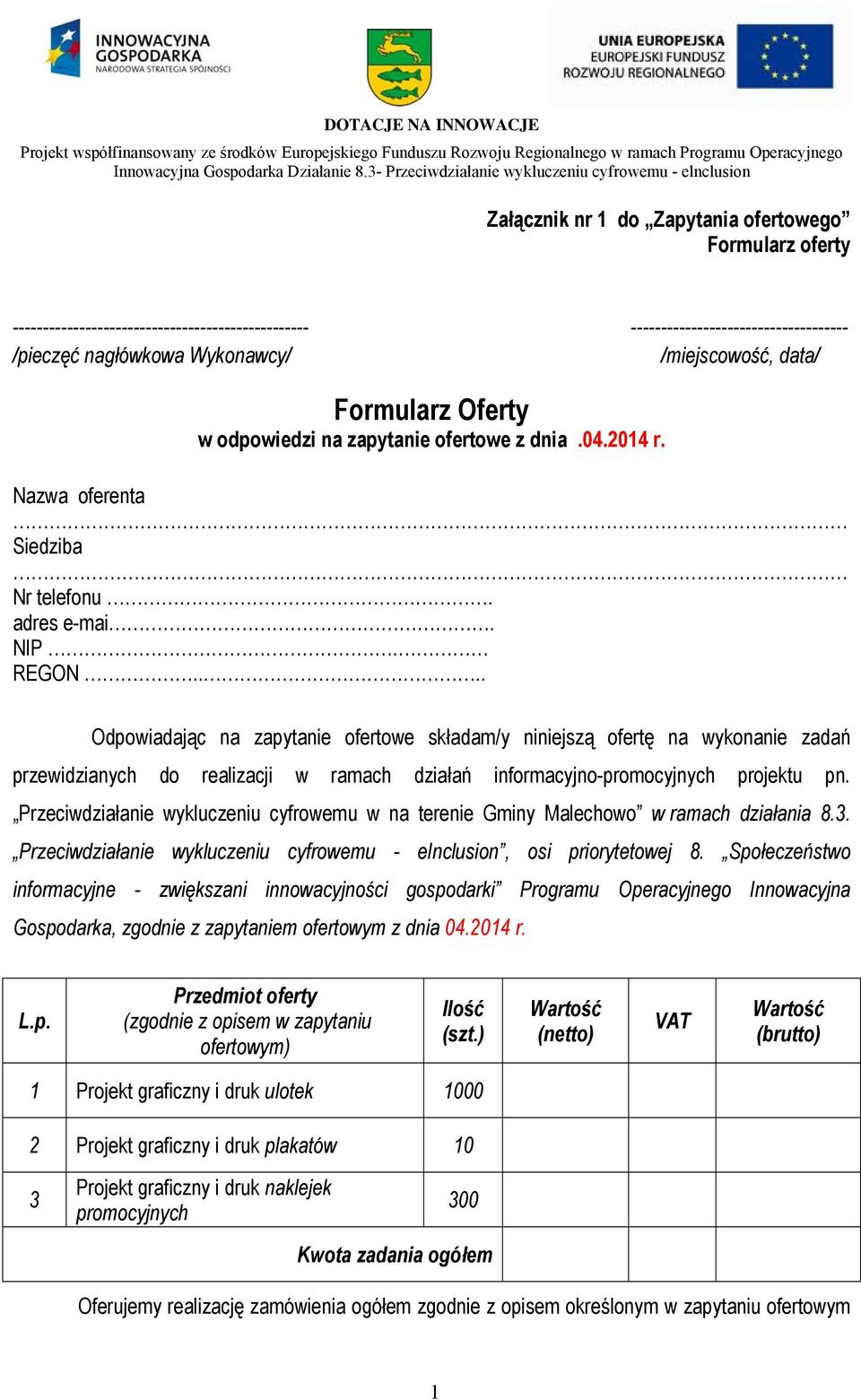 ... Odpowiadając na zapytanie ofertowe składam/y niniejszą ofertę na wykonanie zadań przewidzianych do realizacji w ramach działań informacyjno-promocyjnych projektu pn.