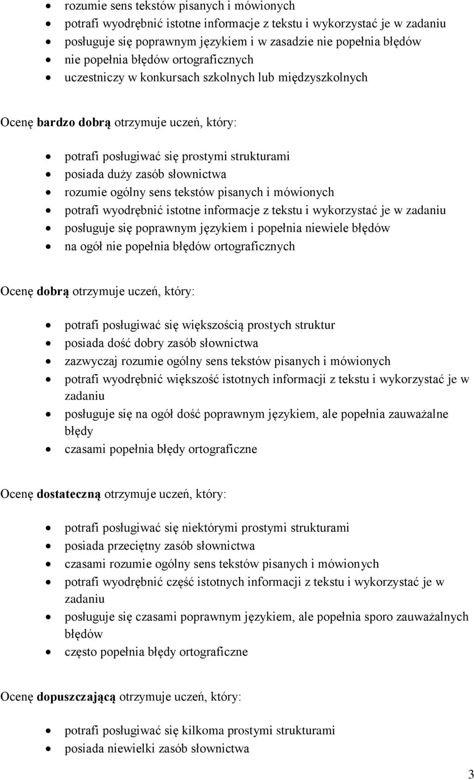 rozumie ogólny sens tekstów pisanych i mówionych potrafi wyodrębnić istotne informacje z tekstu i wykorzystać je w zadaniu posługuje się poprawnym językiem i popełnia niewiele błędów na ogół nie