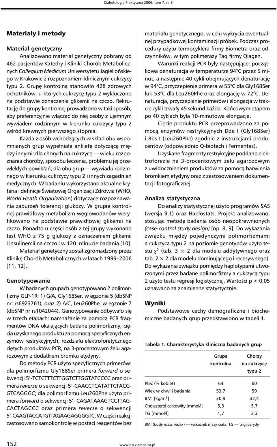 Grupę kontrolną stanowiło 428 zdrowych ochotników, u których cukrzycę typu 2 wykluczono na podstawie oznaczenia glikemii na czczo.