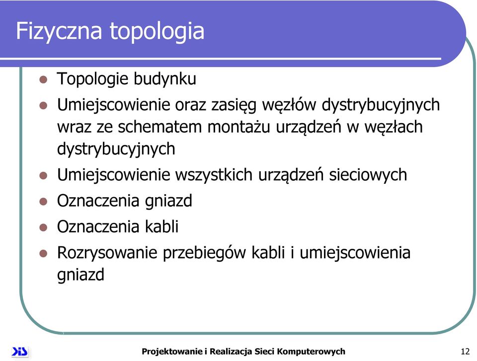 Umiejscowienie wszystkich urządzeń sieciowych Oznaczenia gniazd Oznaczenia kabli