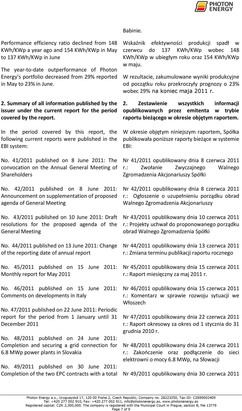 reported in May to 23% in June. 2. Summary of all information published by the issuer under the current report for the period covered by the report.