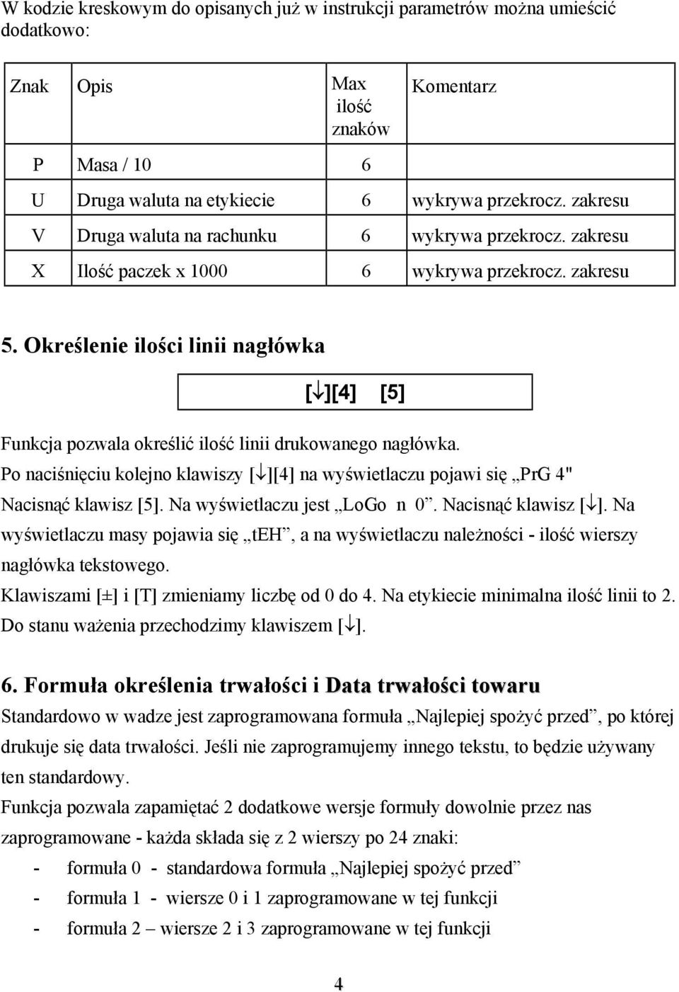 Określenie ilości linii nagłówka [ ][4] [5] Funkcja pozwala określić ilość linii drukowanego nagłówka. Po naciśnięciu kolejno klawiszy [ ][4] na wyświetlaczu pojawi się PrG 4" Nacisnąć klawisz [5].