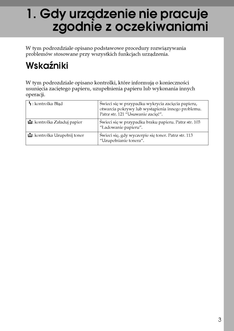 h: kontrolka Bâàd Ãwieci siê w przypadku wykrycia zaciêcia papieru, otwarcia pokrywy lub wystàpienia innego problemu. Patrz str. 121 Usuwanie zaciêæ.