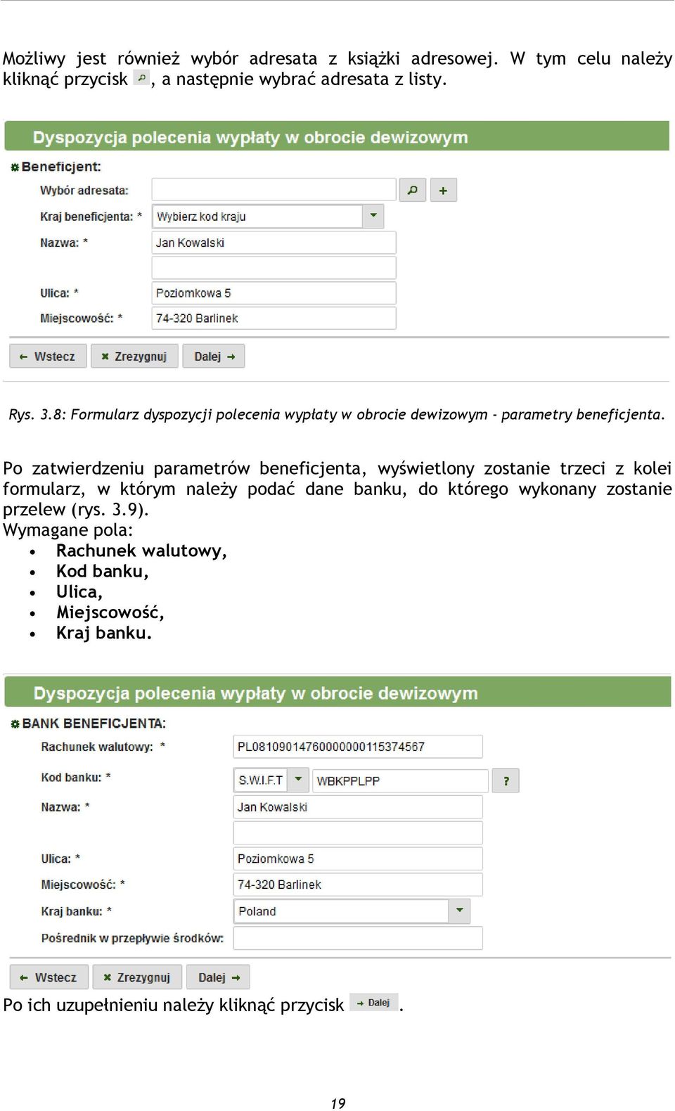 Po zatwierdzeniu parametrów beneficjenta, wyświetlony zostanie trzeci z kolei formularz, w którym należy podać dane banku, do