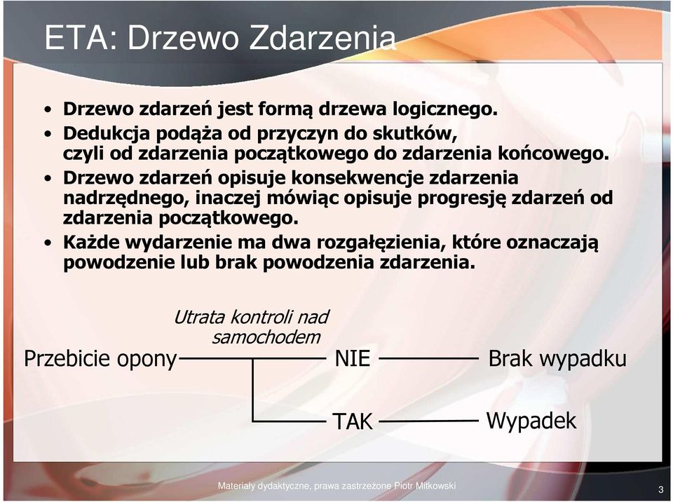 Drzewo zdarzeń opisuje konsekwencje zdarzenia nadrzędnego, inaczej mówiąc opisuje progresję zdarzeń od zdarzenia początkowego.