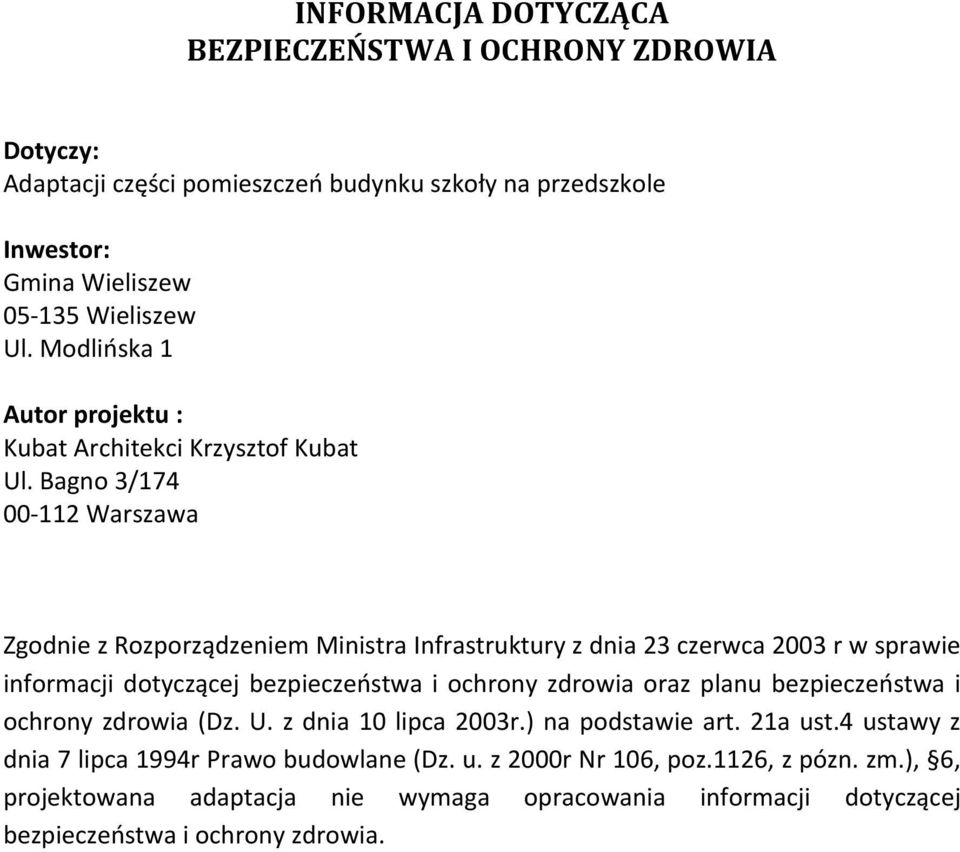 PROJEKT WYKONAWCZY ADAPTACJI CZĘŚCI POMIESZCZEŃ BUDYNKU SZKOŁY NA ...