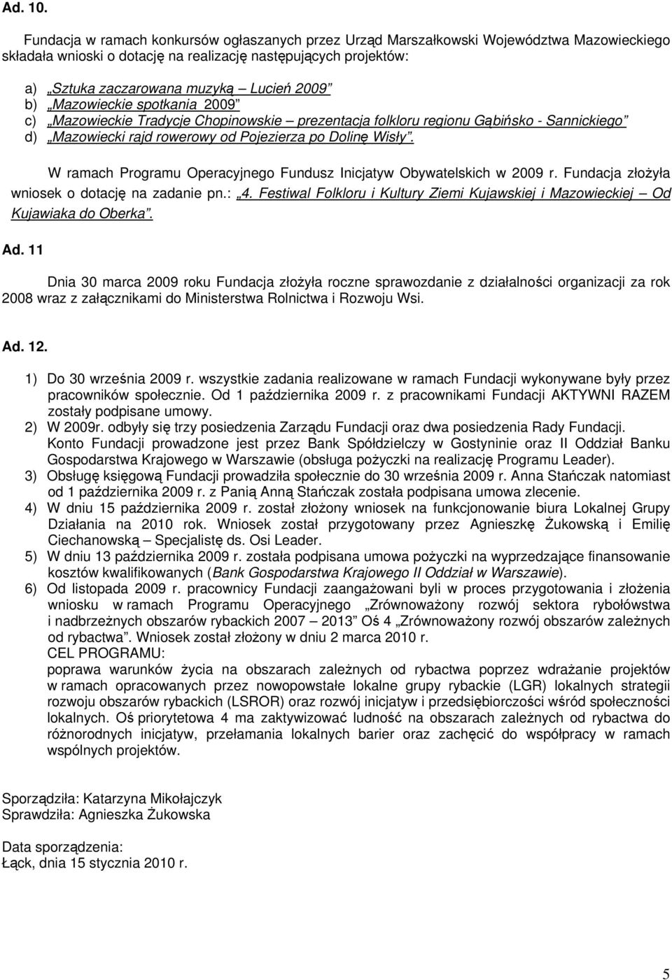 b) Mazowieckie spotkania 2009 c) Mazowieckie Tradycje Chopinowskie prezentacja folkloru regionu Gąbińsko - Sannickiego W ramach Programu Operacyjnego Fundusz Inicjatyw Obywatelskich w 2009 r.