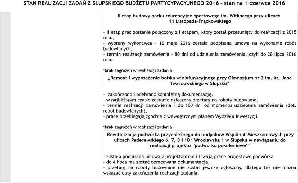 umowa na wykonanie robót budowlanych, - termin realizacji zamówienia 80 dni od udzielenia zamówienia, czyli do 28 lipca 2016 roku. Remont i wyposażenie boiska wielofunkcyjnego przy Gimnazjum nr 2 im.