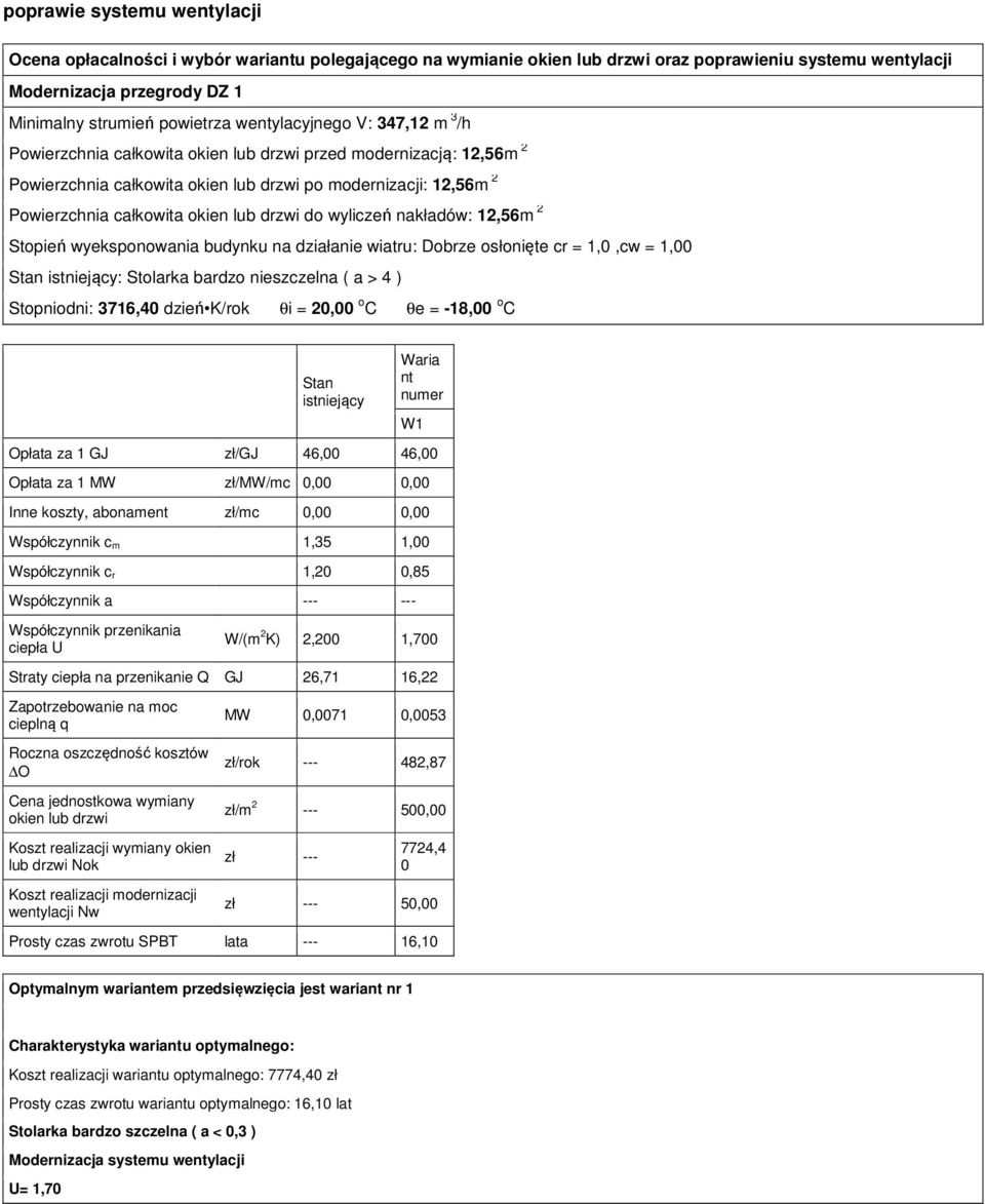 drzwi do wyliczeń nakładów: 12,56m 2 Stopień wyeksponowania budynku na działanie wiatru: Dobrze osłonięte cr = 1,0,cw = 1,00 Stan istniejący: Stolarka bardzo nieszczelna ( a > 4 ) Stopniodni: 3716,40