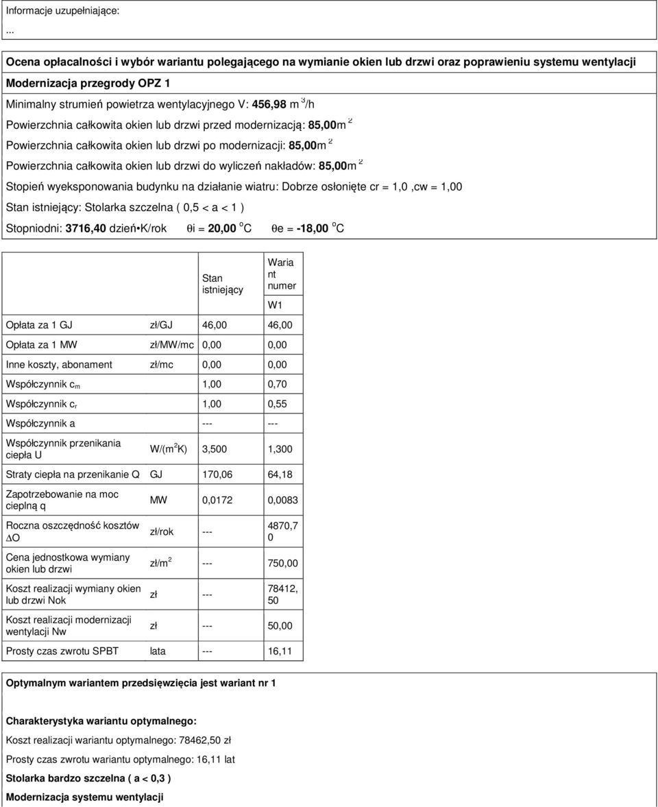 drzwi do wyliczeń nakładów: 85,00m 2 Stopień wyeksponowania budynku na działanie wiatru: Dobrze osłonięte cr = 1,0,cw = 1,00 Stan istniejący: Stolarka szczelna ( 0,5 < a < 1 ) Stopniodni: 3716,40