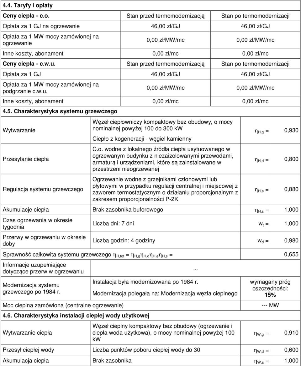 Stan przed termomodernizacją Stan po termomodernizacji Opłata za 1 GJ na ogrzewanie 46,00 zł/gj 46,00 zł/gj Opłata za 1 MW mocy zamówionej na ogrzewanie 0,00 zł/mw/mc 0,00 zł/mw/mc Inne koszty,